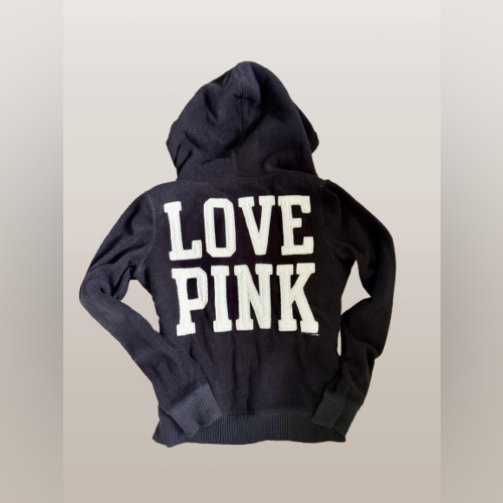 Victoria's Secret Pink Black Sherpa Lined Zip Up Sweatshirt Jacket Large - Picture 2 of 6